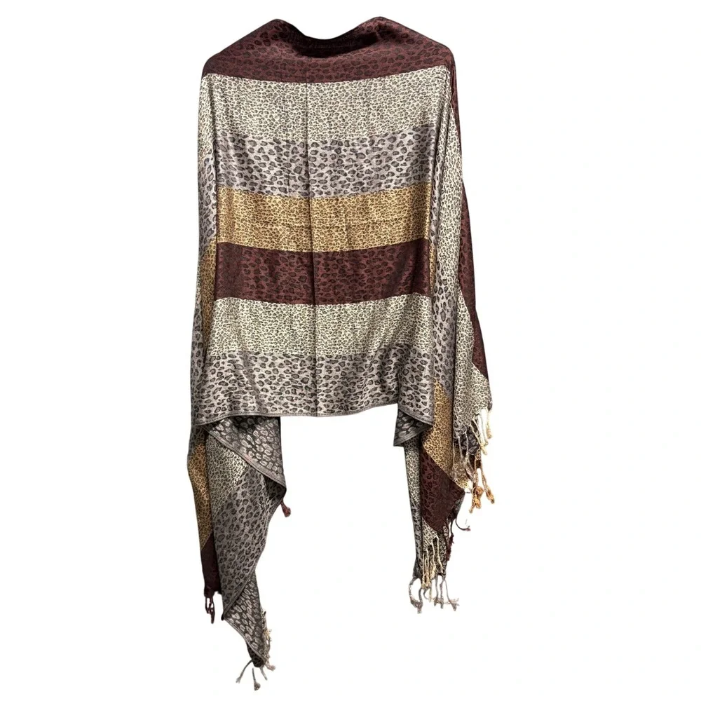 Pashmina‎ Cahmere Animal Print Stripe Wrap Scarf One Size Brown Tassel Fringe